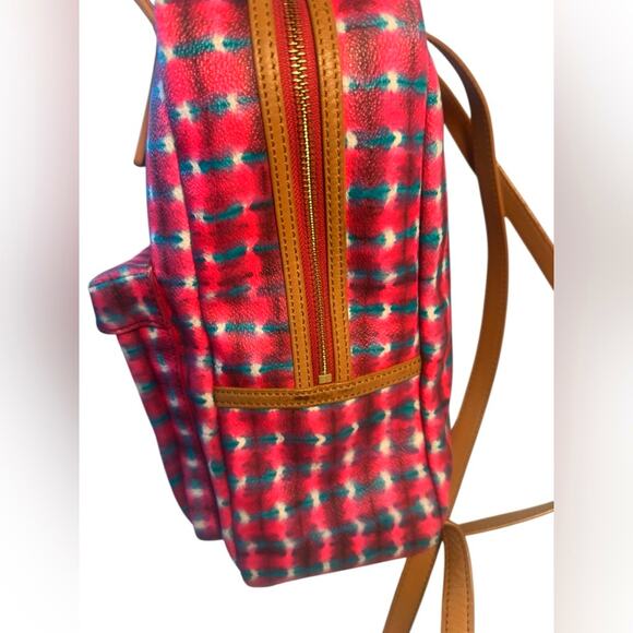 Tory Burch multicolor printed backpack with tan leather trim, top handle bag. main image 11